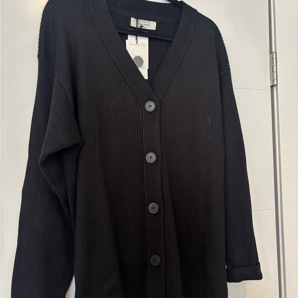 Brunette The Label Ottoman Ribbed Oversized Button-Front Cardigan Black - Picture 3 of 10